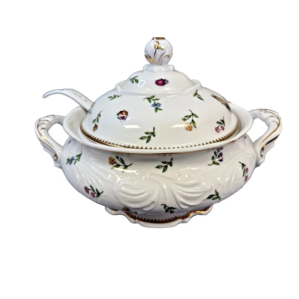 I Godinger & Co Primavera Soup Tureen w/ Lid and Ladle Gold Trim Insects Flowers